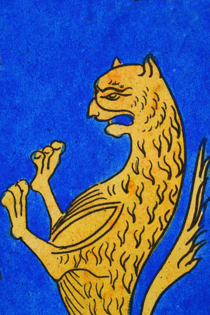 High resolution photograph of a detail from a painting of a Medieval heraldic lion on field of blue