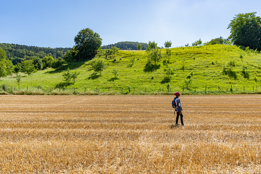 Black woman standing in golden field with red hat on bright sunny day. Traveler woman on harvested cornfield in Linn Bözberg, Switzerland.