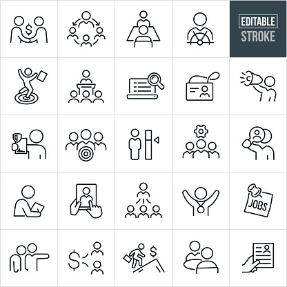 A set of human resources icons that include editable strokes or outlines using the EPS vector file. The icons include two business people shaking hands, manager with employees, hiring manager giving an interview, recruiter searching for hires, manager behind a ships helm, employee jumping for joy after receiving a job, HR manager giving a speech to employees, online job search, employee ID badge, business person shouting through bullhorn, headhunting employees, skillset, business people with cog, business person with medal around neck, jobs sign, manager firing employee, payroll to employees, employee climbing mountain, meeting between two business people and a hand holding a resume to name a few.