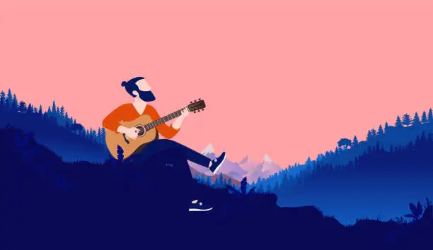 Vector illustration of Guitar player outside