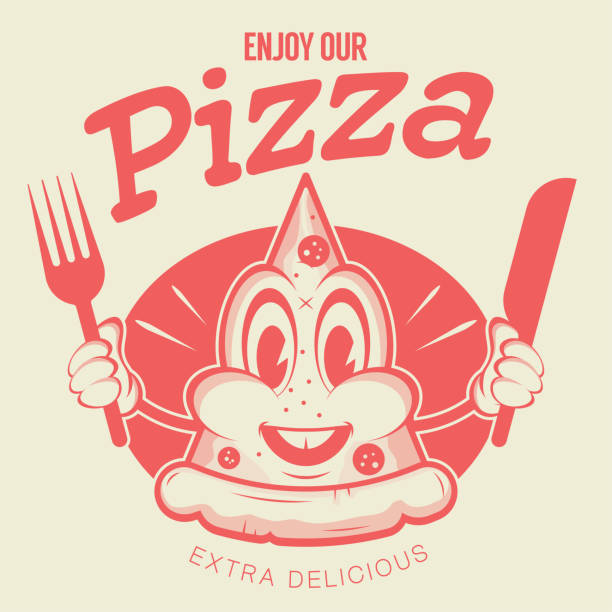 ilustraciones, imágenes clip art, dibujos animados e iconos de stock de logotipo de pizza divertida en estilo retro - computer graphic image characters full