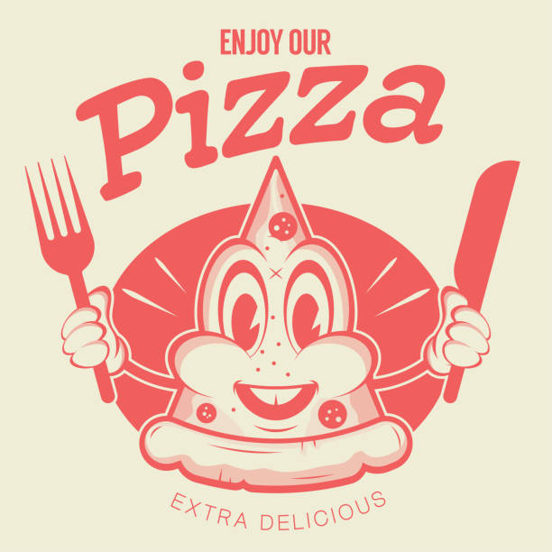 ilustrações, clipart, desenhos animados e ícones de logotipo pizza engraçado em estilo retrô - computer graphic image characters full