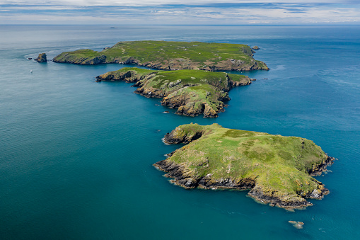 Aerial view of Skomer Island off the West Wales coast, UK