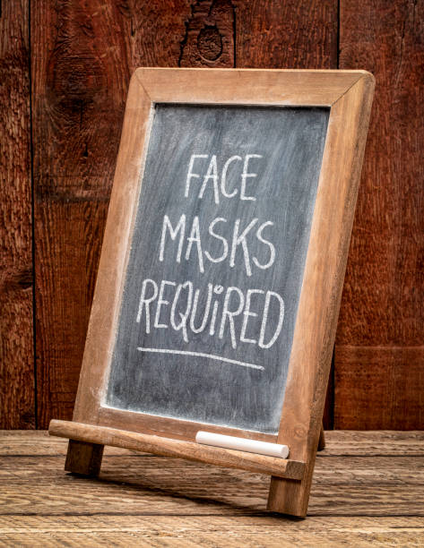 istock face masks required, blackboard sign 1263715115