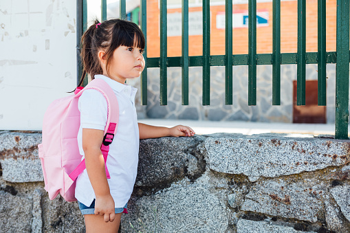 Black-haired girl wearing a pink backpack goes to school. School concept
