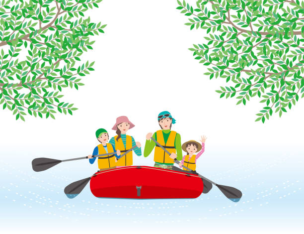 풍선 보트에서 강 크루즈를 즐기는 네 가족의 가족 - child inflatable raft lake family stock illustrations