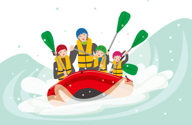 illustrazioni stock, clip art, cartoni animati e icone di tendenza di famiglia di quattro persone che si godono il rafting - wooden raft illustrations