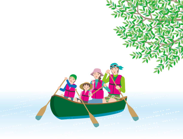 czteroosobowa rodzina korzystająca z kajaka po rzece - paddling stock illustrations