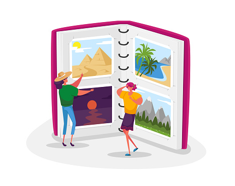 Summer Time Vacation, Memory After Trip Experience. Tiny Women Characters Look Traveling Pictures in Huge Photo Album, Tropical Beach Resort, Egypt Pyramids Journey. Cartoon People Vector Illustration
