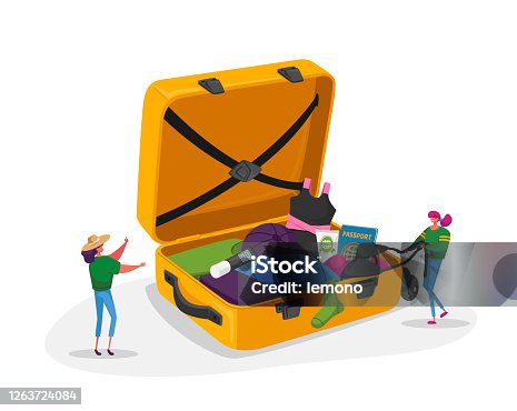 istock Tiny Girls Take Out Traveling Clothes or Accessories from Huge Suitcase after Vacation Trip, Summer Time Leisure Journey 1263724084