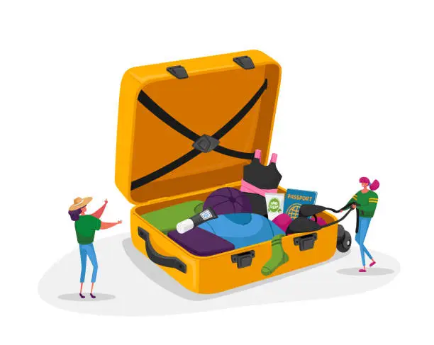 Vector illustration of Tiny Girls Take Out Traveling Clothes or Accessories from Huge Suitcase after Vacation Trip, Summer Time Leisure Journey