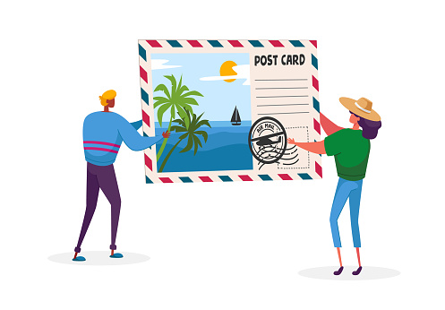 Tiny Man Woman Characters Holding Huge Postcard with Tropical Beach and Palm Trees. Summer Time Vacation, Memory After Traveling, Tourists Remember Trip Experience Cartoon People Vector Illustration