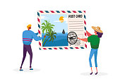 istock Tiny Characters Holding Huge Postcard with Tropical Beach and Palm Trees. Summer Time Vacation, Memory After Traveling 1263724086