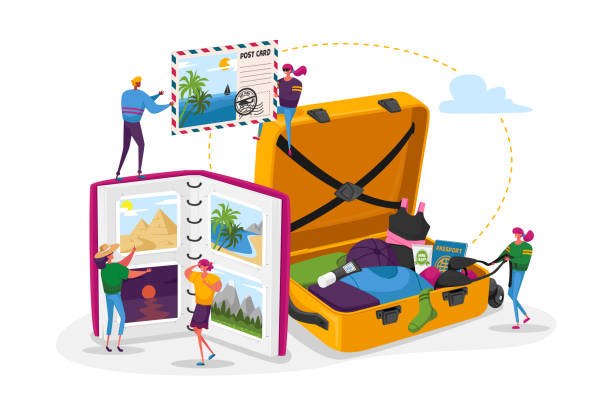 People After Vacation Spare Time. Tiny Characters Men and Women Watching Photo Album, Take Out d Souvenirs from Suitcase Young People After Vacation Spare Time Concept. Tiny Characters Men and Women Watching Photo Album, Take Out Clothes and Souvenirs from Suitcase. Memory, Photography, Trip. Cartoon Vector Illustration tourism illustrations stock illustrations