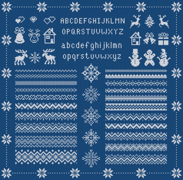 dzianinowa czcionka i elementy xmas. ilustracja wektorowa. boże narodzenie bez szwu tekstury. dzianinowy sweter. - blue christmas backgrounds humor stock illustrations