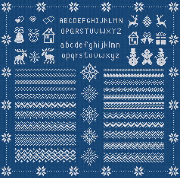 Knitted font and xmas elements. Vector illustration. Christmas seamless texture. Knitted sweater print. Knit font and xmas elements . Christmas seamless border. Vector. Sweater pattern. Fairisle ornament with type, snowflake, deer, bell, tree, snowman, house. Knitted print. Blue textured illustration christmas cookies pattern stock illustrations