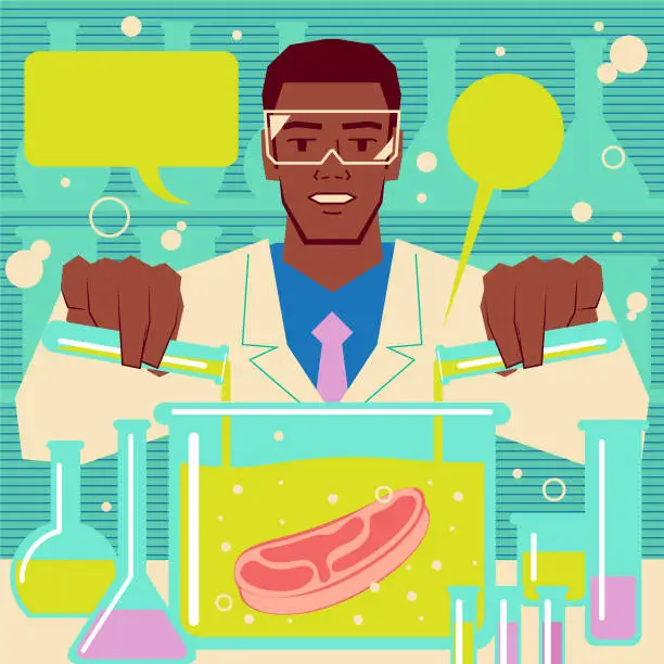 Vector illustration of Scientist (engineer, biochemist) making cultured meat (artificial meat, in vitro meat, lab-grown burger) in laboratory. Genetic engineering, genetic modification, GMO and gene manipulation concept