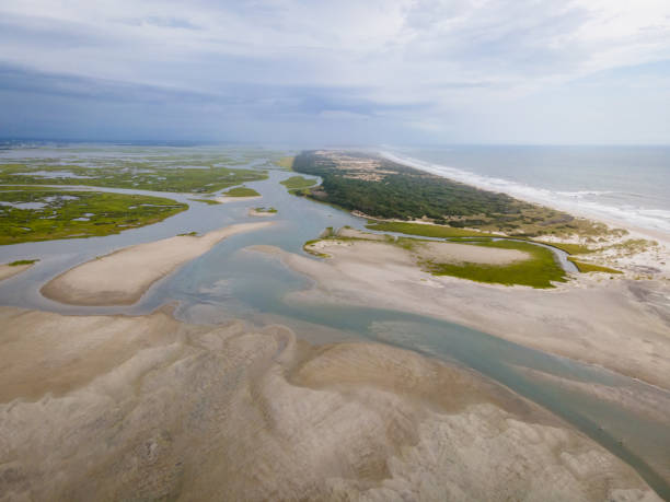 Aerial View of Bear Island on the Outer Banks of North Carolina. Aerial View of Bear Island and Hammocks Beach State Park in Onslow County, North Carolina emerald isle north carolina stock pictures, royalty-free photos & images