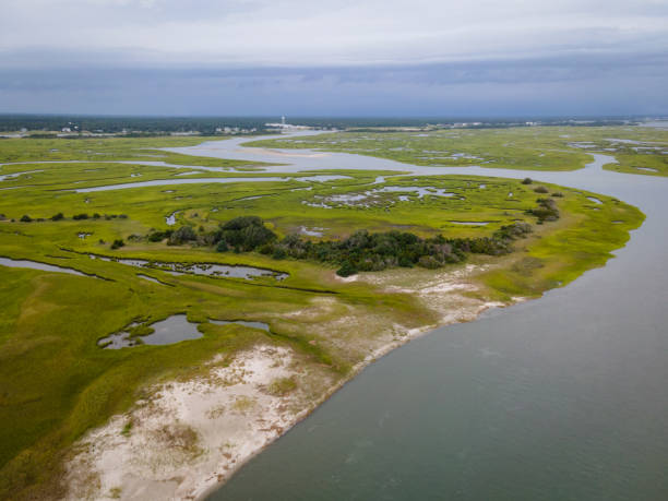 Boating around the Crystal Coast in Onslow County, North Carolina Aerial view of boating around islands on the Crystal Coast in Onslow County, North Carolina. emerald isle north carolina stock pictures, royalty-free photos & images