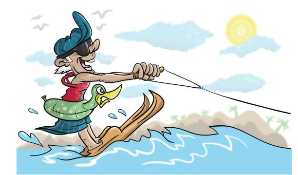 Vector illustration of Old man water skiing