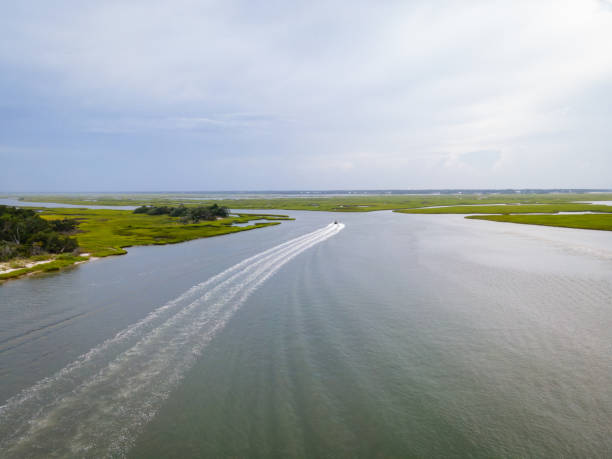 Aerial view of boating around islands on the Crystal Coast in Onslow County, North Carolina.