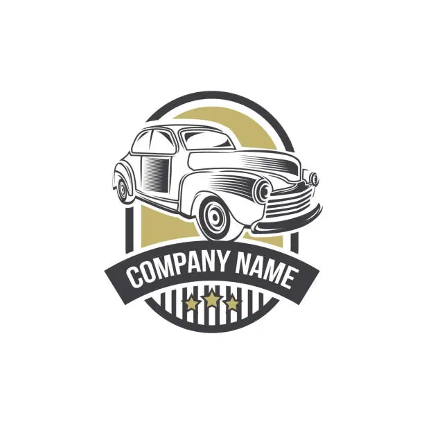 Vector illustration of classic car emblems, badges and signs. Service car repair, restoration and car club design elements. Hot rod sign with flame.