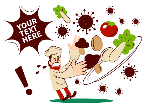 Vector Art Illustration.
Food safety issue, chef found food unhygienic or contaminated by coronavirus (covid-19, bacterium, virus).
Can COVID-19 spread through food?