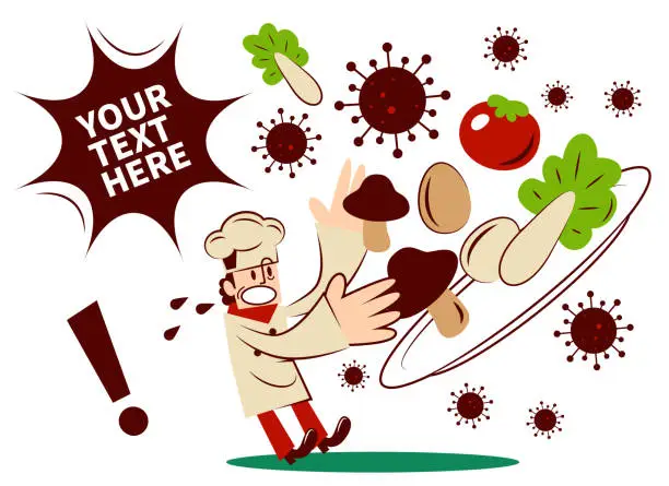 Vector illustration of Food safety issue, chef found food unhygienic or contaminated by coronavirus (covid-19, bacterium, virus)