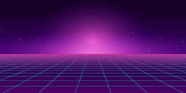 Retro Style landscape with blue grid background Retro Style landscape with blue grid background purple illustrations stock illustrations