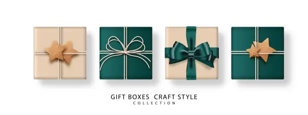 Vector illustration of Set of gifts box. Collection of craft-style gift presents isolated on white background. Top view. Design elements for decorative. Vector illustration.