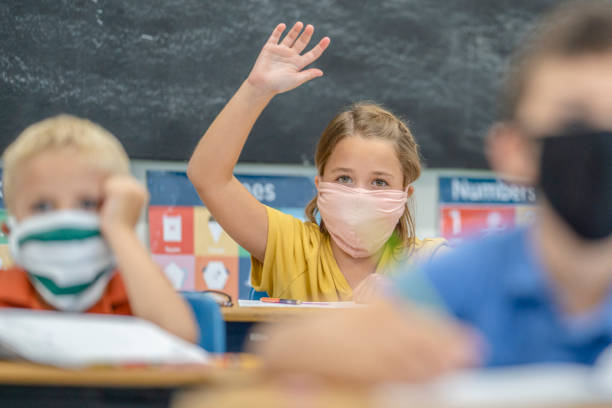 istock Young girl raising her hand in class while wearing a mask 1263760314