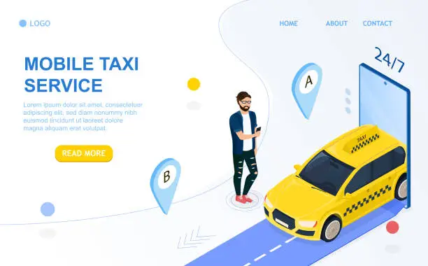 Vector illustration of Taxi Online Service Concept. Mobile application for order taxi. The passenger orders cab via smartphone. The car metaphorically leaves the phone and comes to the customer. 3d Isometric Vector Style