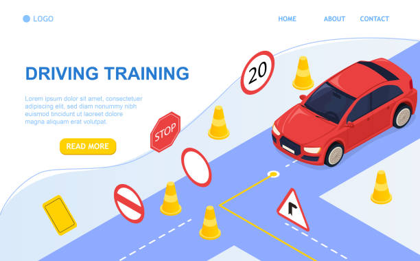 fahrschulkonzept und ausbildung. fahren nach den regeln. untersuchung von verkehrszeichen und auto. perfekt für landing page, banner, header oder mobile anwendung. alle objekte werden gruppiert. 3d isometrischer vektor - rules of the road stock-grafiken, -clipart, -cartoons und -symbole