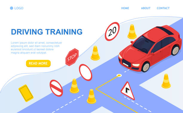 ilustrações de stock, clip art, desenhos animados e ícones de driving school concept and training. driving by the rules. study of road signs and car. perfect for landing page, banner, header or mobile application. all objects are grouped. 3d isometric vector - driving training car safety
