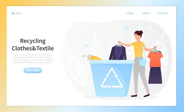 ilustrações de stock, clip art, desenhos animados e ícones de young beautiful woman puts old clothes in a container for recycling. conscious consumption concept. caring for the environment. eco - lifestyle. green power. perfect for landing page or web. vector - pilha roupa velha