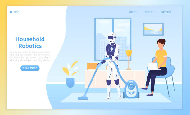 istock A robot in a living room vacuuming while a girl is working on a laptop. Artificial intelligence in the household. Housekeeping artificial intelligence. Perfect for landing page, web design Flat Vector 1263763632