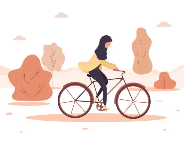 Vector illustration of Autumn background. Cartoon arab woman in hijab ride on bicycle in park. Healthy lifestyle. Eco transportation. Modern vector illustration in flat style.