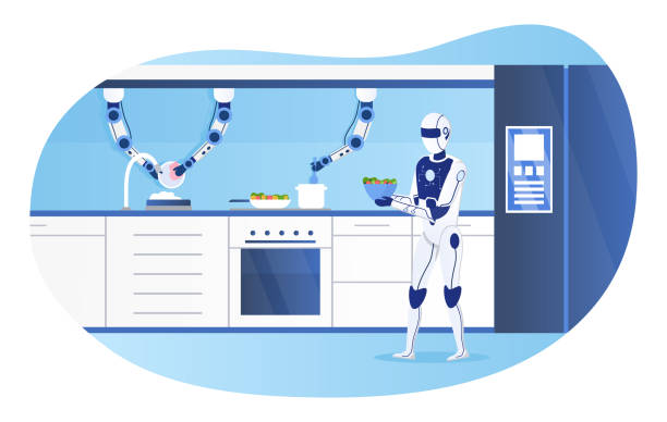 istock The humanoid robot controls process of cooking and washing dishes. Smart Kitchen Concept. Futuristic technologies in everyday life. Artificial Intelligence. Modern Kitchen Interior Vector Illustration 1263763711