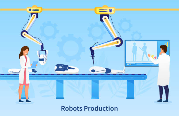 조립 라인에서 로봇의 생산. 남성과 여성 근로자는 로봇의 조립 과정을 컨베이어에서 제어합니다. 산업 공학. 웹 디자인 및 착륙 벡터 일러스트레이션에 적합 - machine operator stock illustrations
