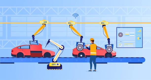 An engineer at a futuristic factory sets up an assembly line using a tablet. Automotive line. Industry technology concept. Car production. Industry 4.0. Production automation. Flat Vector Illustration An engineer at a futuristic factory sets up an assembly line using a tablet. manufacturing stock illustrations