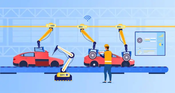 Vector illustration of An engineer at a futuristic factory sets up an assembly line using a tablet. Automotive line. Industry technology concept. Car production. Industry 4.0. Production automation. Flat Vector Illustration