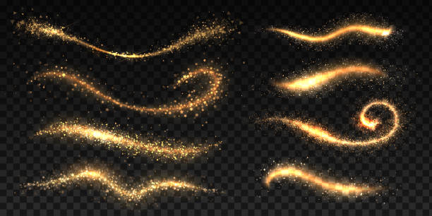1808.m10.i312.n005.p.c25.414148510 szlak złotych gwiazd. magiczny złoty pył gwiezdny z efektem brokatu. meteor lub fajerwerków linii połysku. zestaw izolowany wektora - fairy dust stock illustrations