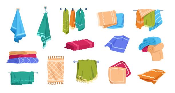 Cartoon towels. Bath rolled fabric, kitchen hand textile cloth and washcloth for dishes, family cotton towels pile. Vector set Cartoon towels. Bath rolled fabric, kitchen hand textile cloth and washcloth for dishes, family cotton towels pile. Vector set illustration hotel fresh fluffy stacked towels washcloth stock illustrations