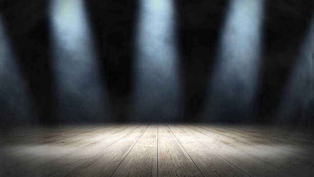 istock Empty stand up scene with wooden floor and spot lights.. Empty room studio gradient used for background and display your product. 3d illustration 1263771473