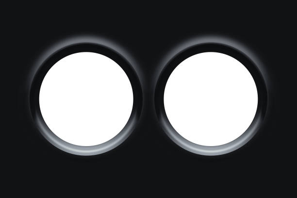 View binoculars with soft edges. Framework for military, hunting designs. Lamp on black background. Pantheon ceiling cavity. 3D illustration.