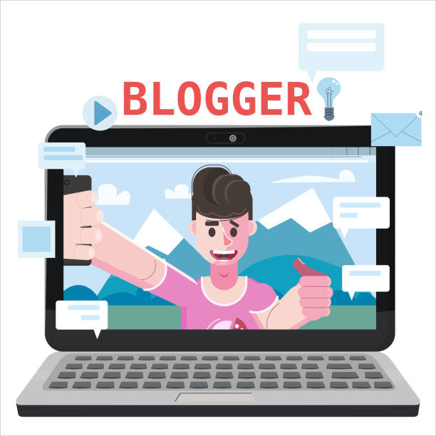 istock Blogger making video for blog or vlog. Popular young video streamer blogger man, live broadcast, podcast, online channel, laptop. Reviews, questions, answers of subscribers of the audience. Vector isolated illustration trendy flat style 1263776007