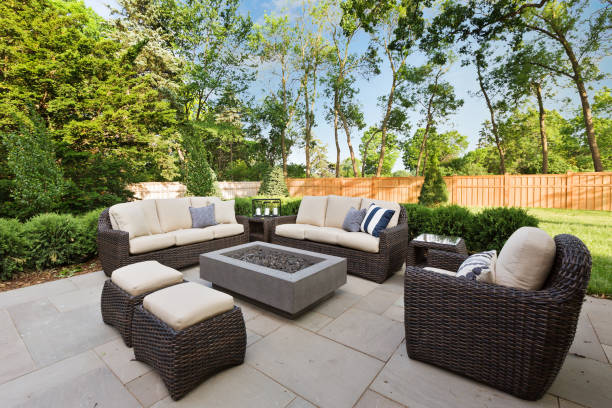 istock Outdoor patio area with comfortable seating around a gas firepit 1263778718
