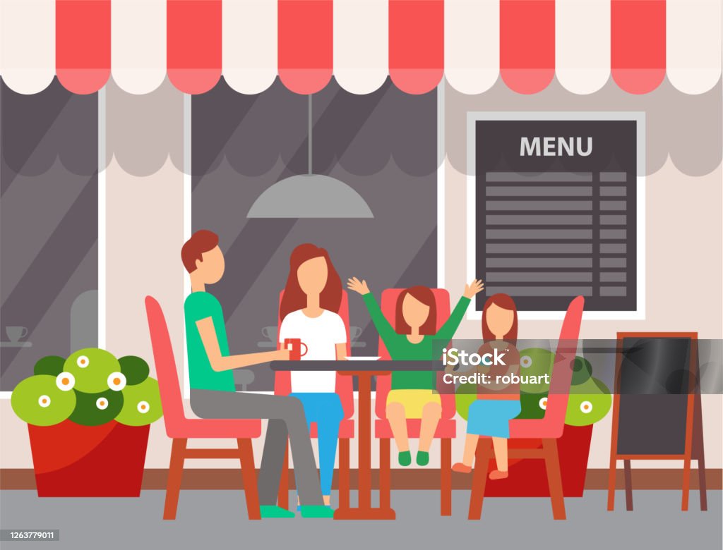Family Sitting In Cafe Outdoor Leisure Vector Stock Illustration - Download  Image Now - Restaurant, Family, Outdoors - iStock