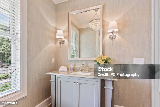 Decorative Vanity Sink And Mirror Stock Photo - Download Image Now - Bathroom, Vanity Mirror, Vanity