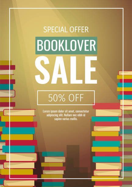 ilustrações de stock, clip art, desenhos animados e ícones de promo sale flyer with piles of books for bookstore, bookshop, book lovers, e-book reader, e-library. - kindle e reader book reading